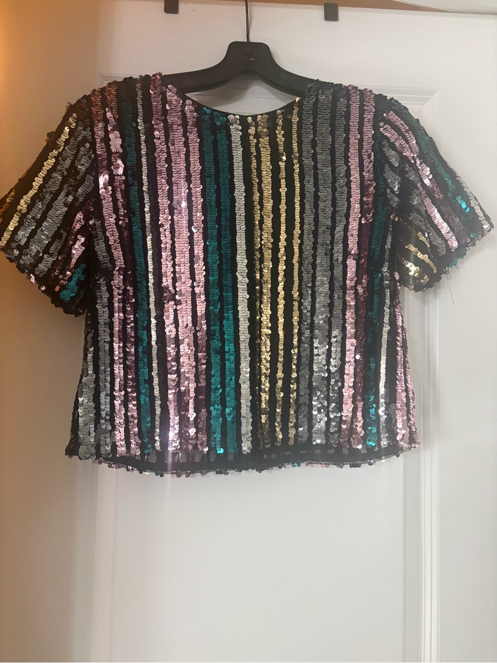 Miss Selfridge Multicolor Sequin Stripe Short Sleeve Top